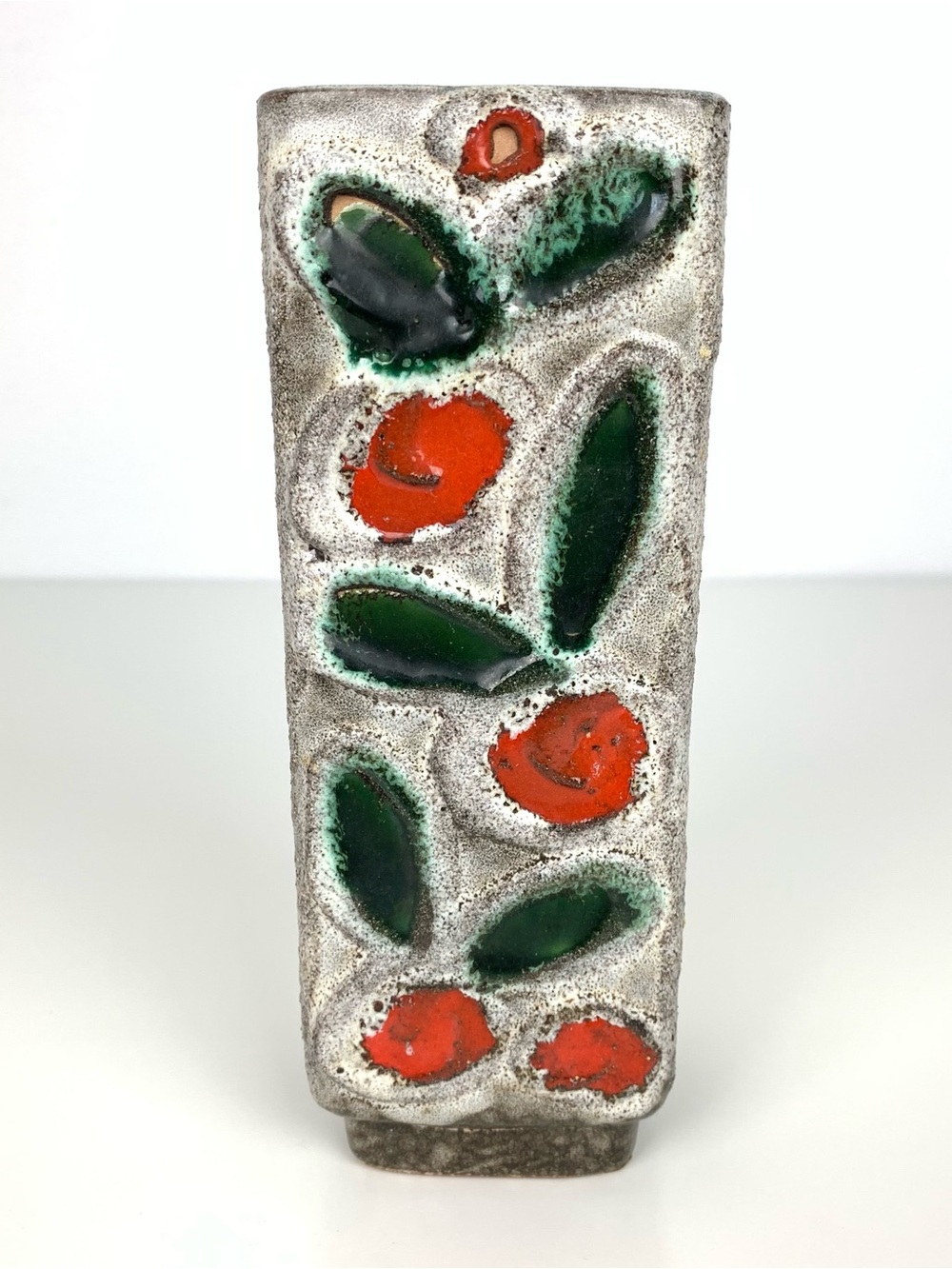 Strehla Vase Fat Lava Grren Red Texture Vtg Stamped Germany Pottery MCM Vibrant